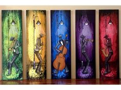 four different colored glass panels with an image of a man playing the violin and saxophone