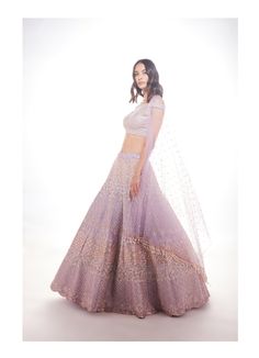 Lavender silk embroidered lehenga With offshoulder blouse and tulle dupatta #chameeandpalak #indianbridal Traditional Drape Lavender Choli For Wedding, Elegant Lavender Sharara With Zari Work, Lavender Lehenga For Reception With Traditional Drape, Lavender Sharara With Intricate Embroidery For Wedding, Lavender Embroidered Sharara For Wedding, Traditional Lavender Sharara For Reception, Lavender Organza Wedding Set, Lavender Wedding Set With Sheer Dupatta, Lavender Sharara With Sheer Dupatta For Wedding