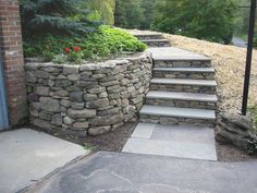 stone steps lead up to the side of a house