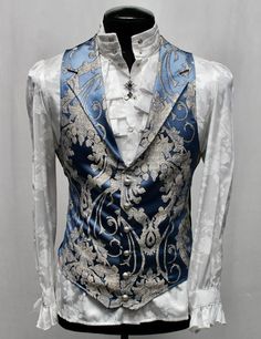 ARISTOCRAT VEST Ice Blue Satin Brocade - Etsy Elegant Blue Vest, Elegant Blue Sleeveless Vest, Formal Fitted Blue Vest, Aristocrat Vest, Masquerade Ball Outfit, Light Blue Suit, Victorian Gentleman, Gold Suit, Royal Clothing