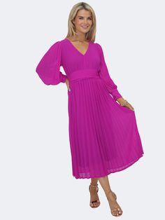 Kate & Pippa Hannah Midi Dress In Magenta-Nicola Ross Kate And Pippa, Leggings Hoodie, Pleated Fabric, Delicate Jewelry, Complete Outfits, Versatile Style, Midi Length, Occasion Wear