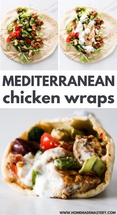 the ingredients for mediterranean chicken wraps are shown