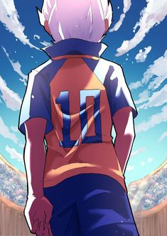 an anime character with pink hair and blue shorts standing in front of a sky filled with clouds