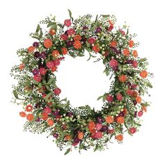 an orange and pink wreath with green leaves