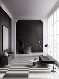 a room with black and white stripes on the floor