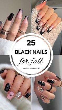 Are you looking for the best fall nails to try this season? Add a touch of elegance and glam to your nails with these unique and eye-catching black nails! From minimalist black French tips, to matte black nail designs and marbled looks, you’ll definitely find the nail art perfect for you! Nails Design For Black Dress, Classy Black Nails Coffin, Black Tip Glitter Nails, All Black French Tip Nails, Nail Art Designs For Party, Black Nails Autumn, October Nails Ideas Black, Nail Ideas For Las Vegas, Nail Art Space Galaxy