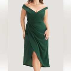 Never Worn Tags On Dark Green- Size 14/16 Runs Small, Off Shoulder, Zip-Back, Tea Length. Pristine Condition! Perfect For Summer Cocktail Parties Or Weddings! Plain Midi Dress, Dresses Off Shoulder, Asymmetrical Hem Dress, Dark Green Color, Plus Size Party Dresses, Bodycon Style, Flutter Dress, Shoulder Wrap, Ruffle Midi Dress