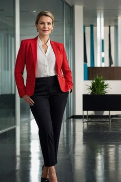 First Day Of Work Outfit Business Casual, Red Blazer Outfit For Work, Business Professional Outfits Women, Fancy Pants Outfit, Business Vibes, Red Blazer Outfit, Leasing Consultant, Slacks Outfit, Womens Business Attire