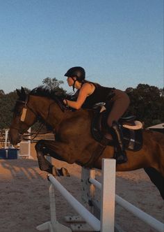 a woman riding on the back of a brown horse jumping over a white rail with trees in the background