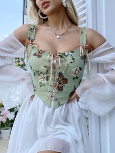 Multicolor  Collar  Tela Animal,Floral Tops Embellished No-Elástico  Shapewear para Mujer Fair Outfits, Corset Fashion, Shapewear Tops, Floral Corset, Overbust Corset, فستان سهرة, Vintage Butterfly, Corset Top, Look Fashion