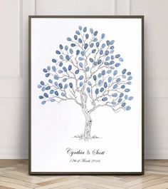 a family tree with blue leaves on it