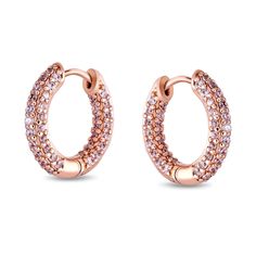 Feminine and romantic pink CZ hoop earrings. Rose Gold Plated hoops with a secure hinge and catch closure. Lightweight and comfortable. Irresistible combination of rose gold and pink cubic zirconia. Perfect small hoop earrings for women or friends who love pink. Ideal holiday gift for those with pierced ears. Carat Size Chart, Tube Hoop Earrings, Back Piece, Cubic Zirconia Jewelry, Cz Jewelry, Huggie Hoop Earrings, Engraved Items, Hoop Earrings Small, Rose Earrings