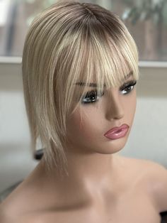 This tillstyle 100% remy human hair with bangs  blonde with ombre brown roots is  in  12 inch length .This human hair toppers for women is high quality with breathable base gives a new beautiful hair style.  This hair topper has a breathable base clip in hair topper light weight updo for thinning hair and boosts self confidence. This topper is easy to use and is hair stylist recommended. This topper is heat resistent yo some extend if used with care. It gives very natural look and adds volume to Hair Topper With Bangs, Platinum Blonde Hair Toppers, White Hair Extensions, Blonde Human Hair Toppers, Hair Toppers Wig Studio 1, Lusta Hair Toppers, Alopecia Hairstyles, Blond Ombre, Ash Blonde Hair