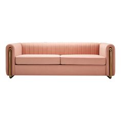 a pink couch with gold legs on a white background