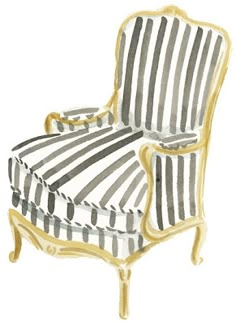 a chair with striped upholstered fabric and gold trim