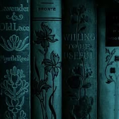 the books are lined up on the shelf in the dark, with flowers painted on them