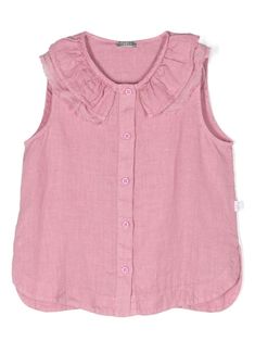 light pink linen/flax/cotton ruffled trim collarless front button fastening sleeveless curved hem Conscious: This item contains at least 50% low-impact materials, which are certified or widely recognised as having a lower environmental impact. Costura Diy, Kenzo Kids, Girls Blouse, Pink Linen, Stella Mccartney Kids, Pink Blouse, Pink Shirt, Environmental Impact, Luxury Shop