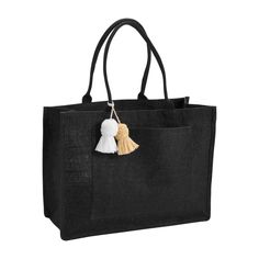 a black tote bag with a tasselled handle