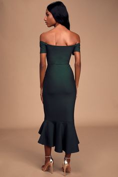 Lulus Exclusive! Slip into the Lulus How Much I Care Dark Green Off-the-Shoulder Midi Dress and dance the night away! Medium-weight stretch knit shapes this stunning dress that features a sweetheart neckline (with no-slip strips) and darted bodice, framed by short off-the-shoulder sleeves. Fitted waist tops a figure-flattering midi skirt with a trumpet silhouette and ruffled high-low hem. Fit: This garment fits true to size. Length: Knee to mid-calf length. Size small measures 48" from top to bo Dark Green Midi Dress, Trumpet Silhouette, Emerald Dresses, Trumpet Dress, Black Tie Dress, I Care, Tie Dress, High Low Hem, Stunning Dresses