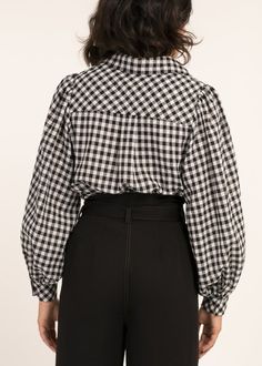 Gingham Blouse, Black And White Gingham, Gingham Fabric, Black And White Shirt, Gingham Print, Long Puff Sleeves, Styling Ideas, Black Blouse, Wide Leg Jeans