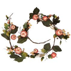 an apple wreath with green leaves and pink apples on it's branches, against a white background