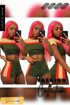 Color Block Short Sleeve Crop Top Biker Shorts Suit Casual Fitted Color Block Shorts, Green Fitted Short Sets, Trendy Green Short Sets, Fitted Green Sets With Short Length, Trendy Short Green Sets, Short Sleeve Crop Top, Short Sleeve Cropped Top, Short Suit, Biker Shorts