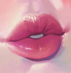 a painting of a woman's lips with bright pink lipstick on her face and bottom lip