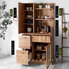 a wooden cabinet with drawers and cupboards on the bottom, in front of a potted plant