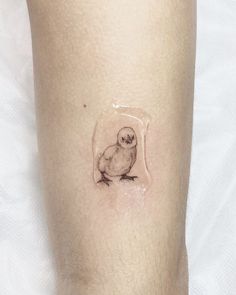 a small bird tattoo on the left leg and right leg with an outline of a chick