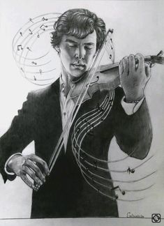 a drawing of a man holding a violin with musical notes coming out of his head