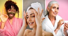 three women with facial masks on their faces and one woman holding up her hand in front of her face