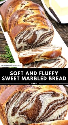 a loaf of soft and fluffy sweet marbled bread on a cutting board with the title above it