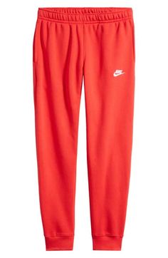 An embroidered Swoosh marks the pocket of these sweatpants made for comfort from fleece with a sporty fit that slims at the ankle. 28 1/2" inseam; 10" leg opening; 12 1/2" front rise; 16 1/2" back rise (size Medium) Elastic/drawstring waist Side-seam pockets; back welt pocket Cotton/polyester Machine wash, tumble dry Imported Nike Solid Color Athleisure Sweatpants, Nike Athleisure Sweatpants, Nike Sweatpants With Ribbed Waistband For Jogging, Athleisure Nike Sweatpants, Nike Sporty Sweatpants For Sports Season, Nike Jogging Pants For Spring, Nike Sportswear Sweatpants For Jogging, Nike Athleisure Sweatpants With Ribbed Cuffs, Nike Sweatpants With Ribbed Cuffs For Jogging