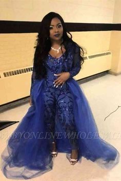 Evening Gowns Plus Size, Jumpsuit Prom Dress, Royal Blue Party, Jumpsuit Prom, African Evening Dresses, Gonna In Tulle, Detachable Skirt, Detachable Train, Afrikaanse Mode