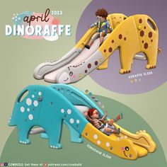 an advertisement for children's toys featuring dinosaurs and giraffes on slides