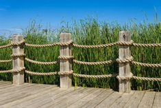 a wooden dock with ropes and grass in the background