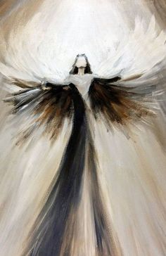 an abstract painting with black and white wings