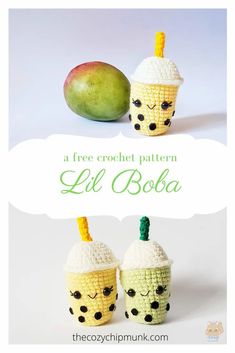 two crocheted ice cream cups with faces on them and the words, a free crochet pattern lil boba