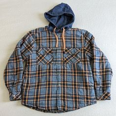 Legendary Outfitters Flannel Shirt Jacket With Hood, Quilted Lining, Snap Closure And Breast Pockets New Without Tags Size: Men's Medium Colors: Blue And Orange Fabric Composition: Shell 100% Cotton -- Hood 60/40 Cotton/Polyester -- Lining And Filling 100% Polyester See Images For Measurements Plaid Long Sleeve Hoodie For Outdoor, Casual Plaid Hooded Jacket With Pockets, Winter Blue Flannel Outerwear, Fall Flannel Outerwear For Streetwear, Flannel Outerwear For Fall Streetwear, Plaid Hooded Flannel Outerwear, Hooded Flannel Outerwear For Fall, Blue Cotton Hoodie For Cold Weather, Flannel Long Sleeve Outerwear For Outdoor