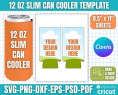 an orange can cooler with the text 12oz slim design here on it and other items