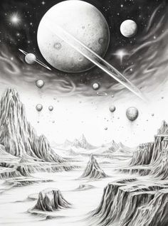 an artistic drawing of planets in the sky with mountains and rocks around them, as well as stars