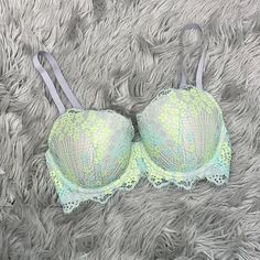 New Without Tags. Green Lace Trim Bra For Spring, Spring Green Bra With Lace Trim, Victoria's Secret Green Bra For Spring, Green Lace Bra, Green Lace Bra With Lace Trim, Green Fitted Lace Bra, Victoria's Secret Sheer Lace Bra, Victoria's Secret Green Lace Trim Bra, Blue Lace Bra