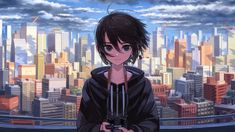 an anime character standing in front of a cityscape