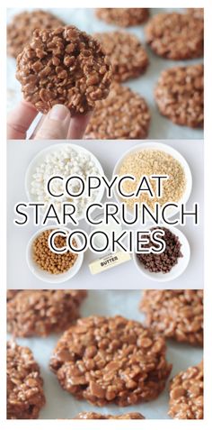 two pictures showing different types of cookies with the words copycat star crunch cookies above them