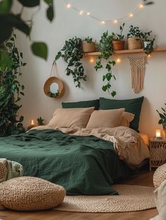 a bedroom with plants on the wall and lights hanging from the ceiling over the bed