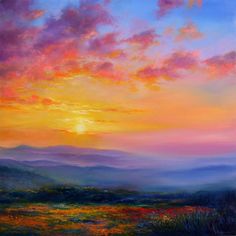 a painting of the sun setting over mountains