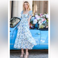 New With Tags Altard State Aria Ruched Maxi Dress Blue Midi Dress With Smocked Back For Garden Party, Altard State Dresses, Beautiful Floral Dresses, Ruched Maxi Dress, Crochet Halter Tops, Romantic Dress, Style Maxi Dress, Maxi Dress With Sleeves, Polo Dress