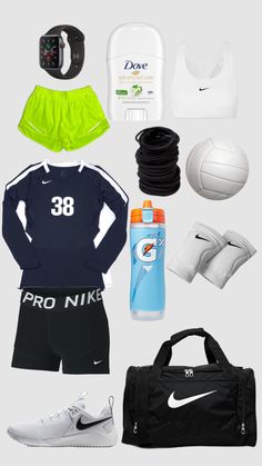 various sports items are arranged on a white background