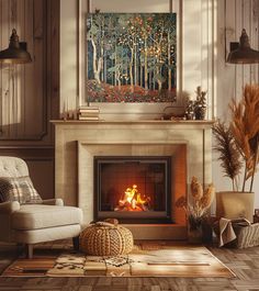 a living room filled with furniture and a fire place in front of a painting on the wall