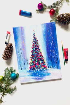 a christmas card with a painting of a tree on it